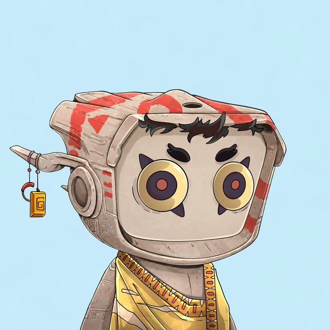 An illustration of a robotic character with a blocky TV-like head, red tribal markings, yellow eyes, and a small golden tag earring, wearing a yellow tunic.