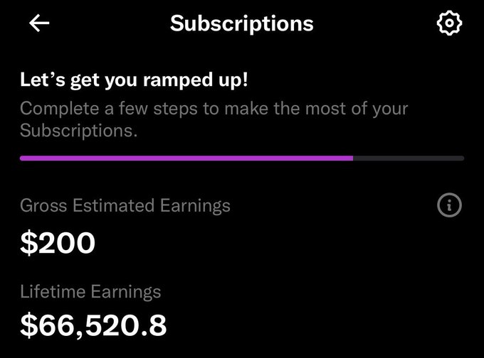 A Subscriptions screen displays a Gross Estimated Earnings of $200 and Lifetime Earnings of $66,520.8, highlighting the user's monthly subscription income that matches the $200 figure referenced in the post.
