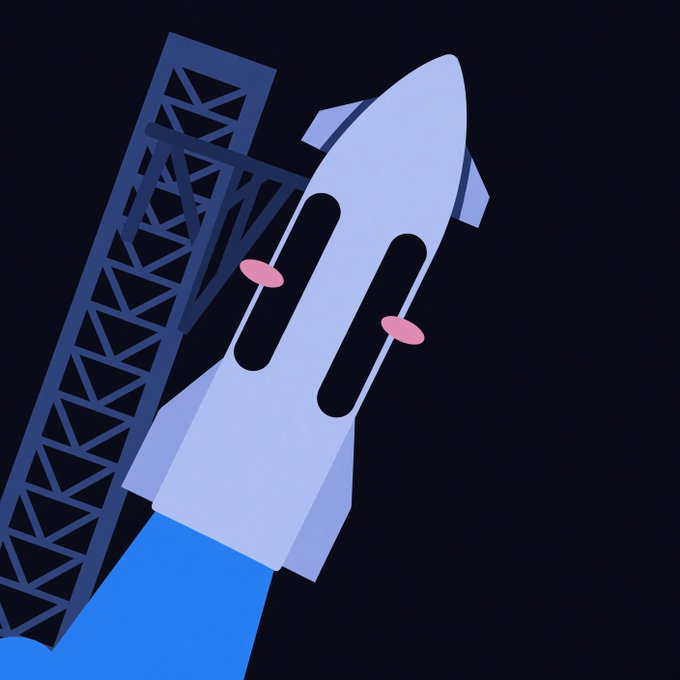A digital illustration of a light purple rocket ship with pink cheeks launching upward from a launch tower against a dark blue background.