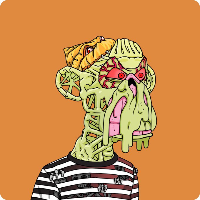 A grotesque cartoon illustration of a zombified figure with green oozing skin, exposed red brain matter, a gaping mouth, and an orange/yellow brain-like structure on top of its head, wearing a striped shirt against an orange background.