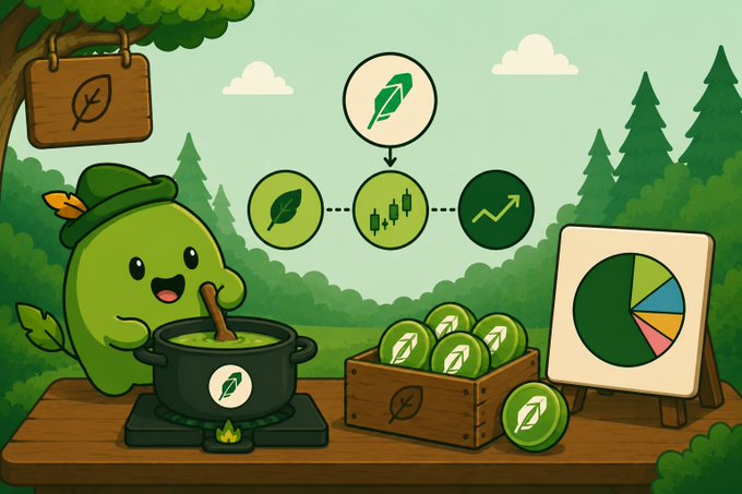A cheerful green leaf mascot wearing a chef's hat stirs a cauldron on a wooden table, with a crate of leaf-branded coins beside a pie chart display, illustrating the launch of Robinhood Markets (HOOD) as a tradable pair where every purchase directly buys real stock.