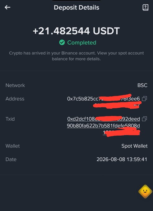 A mobile screenshot of a successful crypto deposit of +21.482544 USDT via the BSC network, with personal wallet addresses and transaction IDs partially obscured in red.