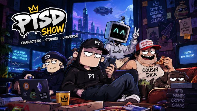 Promotional artwork for 'PTSD SHOW' featuring cartoon characters including PT, SD, ZachGPT, and Cousin Dick in a room with crypto and NFT references.