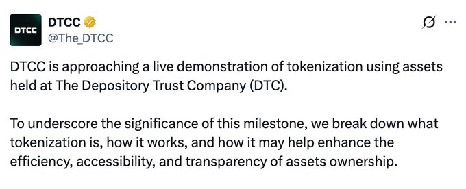 The image shows a post from DTCCC, which has been confirmed by the company that they are approaching a live demonstration of tokenization using real assets held at The Depository Trust Company (DTC). The post also mentions that this demonstration is about to show tokenization in action and that it's happening on the #Stellar network.