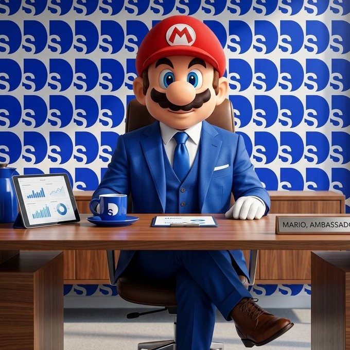 The image features a cartoon character dressed in a suit and tie sitting at a desk, which has a computer monitor and keyboard placed on top. The character appears to be wearing a red hat with a white logo that says "@DustswapOnBase". The background of the image is blue with white text, and there are several other elements present such as a chair, a cup, and a book. The post seems to be discussing how the model behaves in terms of consistency rather than just capital contribution.
