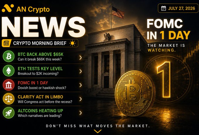An AN Crypto news graphic dated July 27, 2026, featuring 'Crypto Morning Brief' headlines including 'BTC BACK ABOVE $65K,' 'ETH TESTS KEY LEVEL,' and 'FOMC IN 1 DAY' against an image of the Federal Reserve building.