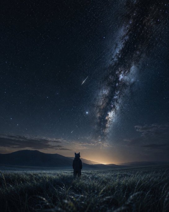 A silhouetted figure stands in a vast grassy field beneath a breathtaking Milky Way and streaking meteors, gazing toward distant mountains lit by a faint glow—evoking a sense of wonder, anticipation, and the vastness of what's yet to come, much like the poster's hopeful outlook on CATJAK's rising holders and price signaling a "next leg up."
