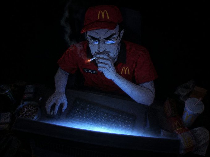 A darkly lit illustration of a pale, gaunt McDonald's employee wearing a red uniform and cap with a 'CHUD' nametag, smoking a cigarette while working at a glowing computer terminal.