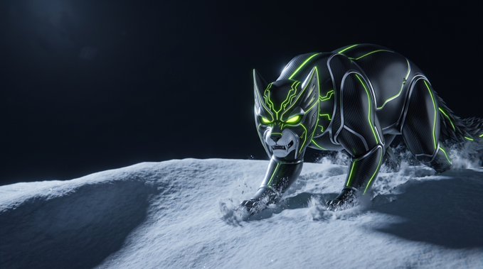 A digitally rendered, futuristic black panther with glowing green lines and eyes, crouched on a snowy surface in a dark environment.