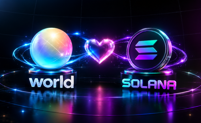 A neon-lit digital graphic features the text 'world' and 'SOLANA' flanking a glowing pink heart, with Solana's logo on the right.