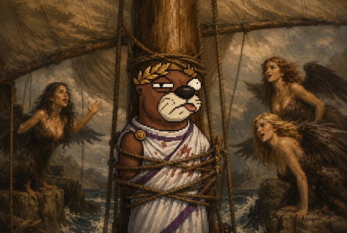 Surreal artwork blending a classical painting of sirens/bird-women on rocky shore with a cartoon dog wearing a laurel wreath, tied to a wooden mast like Odysseus.