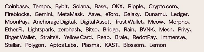 A text list of crypto companies including Coinbase, Tempo, Bybit, Solana, Base, OKX, Ripple, Crypto.com, Fireblocks, Gemini, MetaMask, Aave, eToro, and others.
