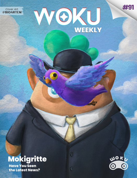 The image features a cartoon illustration of a man dressed as a businessman, wearing a suit and tie with a bird perched on his head. The background shows a blue sky filled with clouds. The title of the post reads "Woku Weekly" and there is an additional text that says "Mokigriffe".