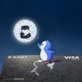 The image features a penguin standing on top of a credit card, with the Visa logo visible below its feet. The penguin appears to be waving at the camera, creating a sense of connection between the viewer and the penguin character. The background is dark blue, which contrasts nicely with the white and black elements in the image. The post includes text that reads "My KAST x Pudgy Penguins SBT just arrived and made me smile... Can't wait to earn the Gold one next!".