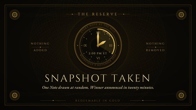An ornate black-and-gold graphic reading "SNAPSHOT TAKEN" features a vintage clock displaying 2:00 PM ET alongside the text "ONE NOTE AT THE STROKE" and "NOTHING ADDED" / "NOTHING REMOVED," directly mirroring the post's announcement that the 2pm ET snapshot has been recorded, with "One Note drawn at random" and "REDEEMABLE IN GOLD" reinforcing the Star Note redemption details.