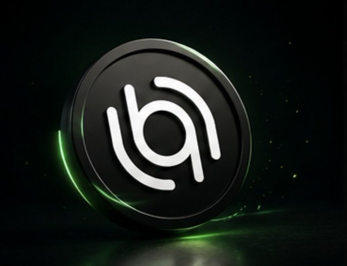 A 3D rendering displays a black circular logo with a white stylized 'b' design, accented by green lighting against a dark background.