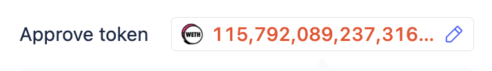 A token approval interface showing an extremely large WETH approval amount of 115,792,089,237,316..., representing the maximum uint256 value commonly seen in malicious smart contracts.