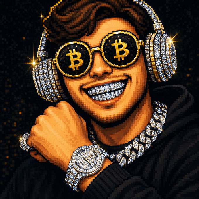 The caption for this image could read: "Smiling individual with Bling BR and Bitcoin-themed goggles." This caption succinctly describes the prominent features of the image, emphasizing the extravagant jewelry and the branding on the goggles. It does not relate to the accompanying post saying: "GN guys" since the image simply depicts the cartoonish individual without including any additional message or context that could be derived from the accompanying post.
