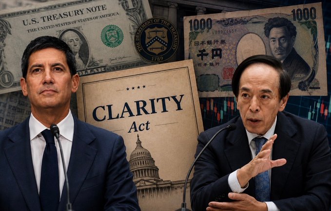 The image shows two men in suits against a backdrop featuring a U.S. Treasury Note, a Japanese 1000 yen bill, a Department of the Treasury seal, and a document labeled "CLARITY Act" with the U.S. Capitol building. The visual elements relate to the post's mention of upcoming economic events, with the U.S. currency and Treasury imagery connecting to the FOMC Minutes release, while the Japanese yen bill ties to Thursday's Japan inflation data, and the "CLARITY Act" document and financial charts in the background reference the White House meeting on crypto and prediction markets.

The men appear to be financial or political figures, though their specific identities are not clearly identifiable from the image alone.