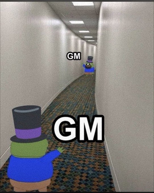 Meme image showing a Pepe character in a hallway waving at another Pepe in the distance, both labeled 'GM' (good morning).