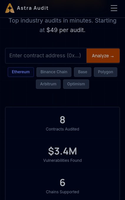 The image shows the Astra Audit platform interface, featuring a tagline "Top industry audits in minutes. Starting at $49 per audit," a contract address input field with chain options (Ethereum, Binance Chain, Base, Polygon, Arbitrum, Optimism), and stats displaying 8 contracts audited, $3.4M in vulnerabilities found, and 6 chains supported. This relates to the post by highlighting Astra Audit's commitment to transparency through public, accessible smart contract security audits that users can search and review freely, aligning with the $ASTRA project's ethos of openness in Web3.