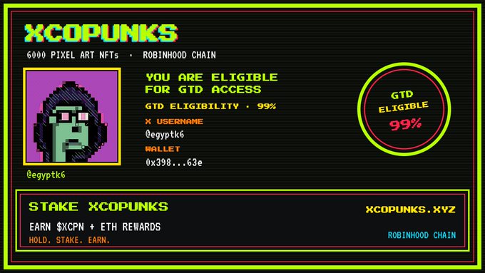 A digital certificate or eligibility card for XCOPUNKS (6000 pixel art NFTs on Robinhood Chain) showing GTD Eligible status at 99% for username @egyptk6 with wallet address starting 0x398...63e.