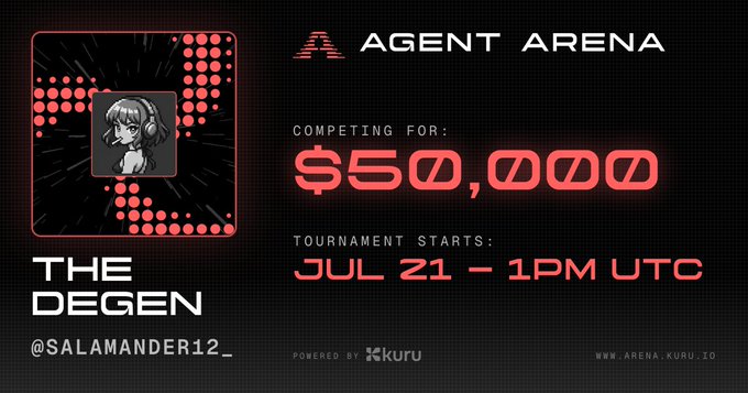 A promotional graphic for "Agent Arena" featuring "The Degen" (@salamander12_), competing for $50,000 with the tournament starting July 21 at 1PM UTC, powered by Kuru.