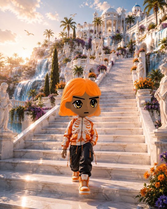 A 3D-rendered avatar of a character with orange hair and an orange jacket stands on the steps of a grand, sunlit palace with waterfalls and gardens, reminiscent of Hanging Gardens imagery.