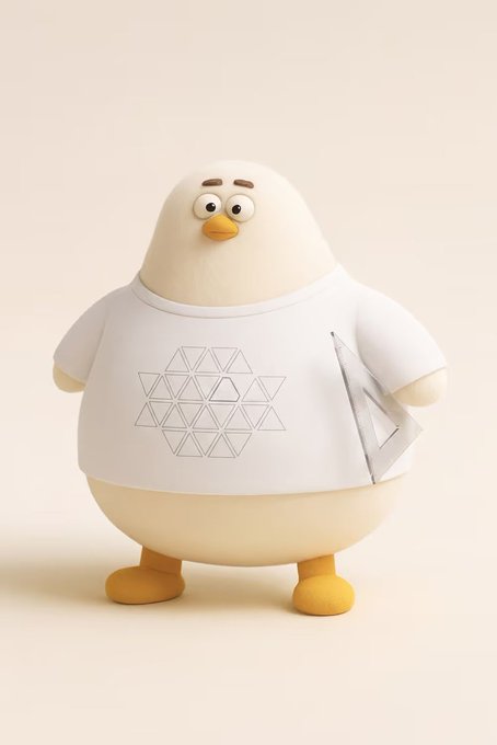 A 3D-rendered cute cartoon bird or penguin character wearing an oversized white t-shirt with a geometric triangular pattern, holding a silver laptop or tablet under its arm.