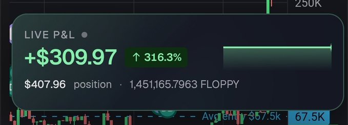 A financial trading interface displays a 'LIVE P&L' showing '+ $309.97' with a green '316.3%' indicator, a position value of '$407.96', and holdings of '1,451,165.7963 FLOPPY'.
