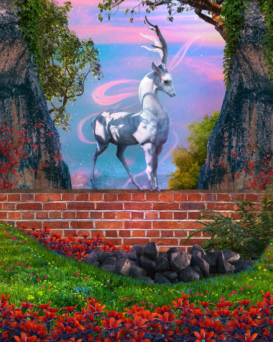 A fantasy digital painting of a white deer standing on a brick wall between two trees, surrounded by colorful flowers and a swirling pink and purple sky.