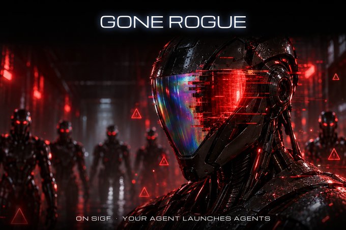 A sci-fi themed promotional image titled 'GONE ROGUE' featuring a futuristic armored figure with a reflective red visor, with text reading 'ON SIGF - YOUR AGENT LAUNCHES AGENTS'.