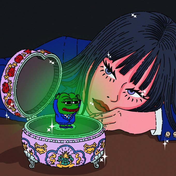 A digital illustration showing a dark-haired anime-style girl gazing into an ornate pink heart-shaped music box that contains a small Pepe the Frog figurine in a blue suit, with green glow and sparkles surrounding the scene.