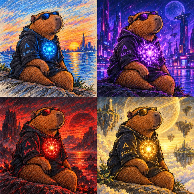 A four-panel AI-generated illustration features a capybara wearing sunglasses and a hoodie labeled "$ARCIE" with a glowing chest emblem, set against various sci-fi landscapes.