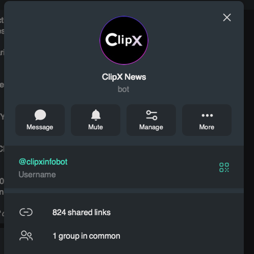 The image shows a Telegram bot profile for "ClipX News" (@clipxinfobot), displaying 824 shared links and access options like Message, Mute, Manage, and More. This directly supports the post's promotion of the ClipX telegram bot, which delivers updated market news 24/7 for free at t.me/clipxinfobot.