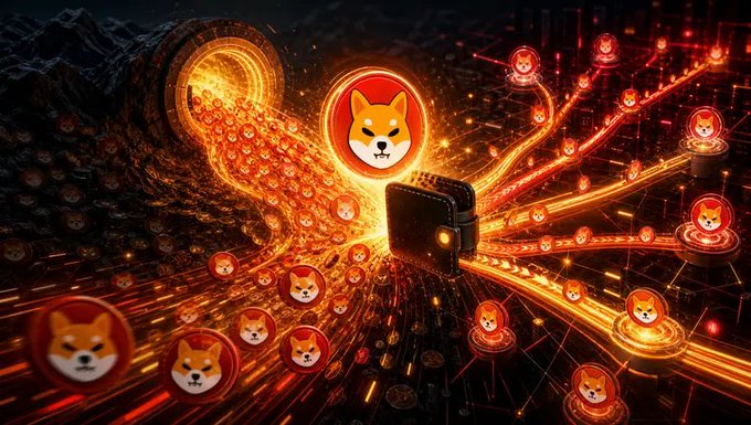 A Shiba Inu (SHIB) token logo bursts forth from a digital wallet in a fiery torrent, surrounded by a sprawling network of interconnected SHIB icons symbolizing massive token distribution and whale-scale accumulation. The imagery visually represents the post's theme of a dormant 2020 SHIB whale awakening and moving 600 billion tokens amid extreme meme coin concentration.