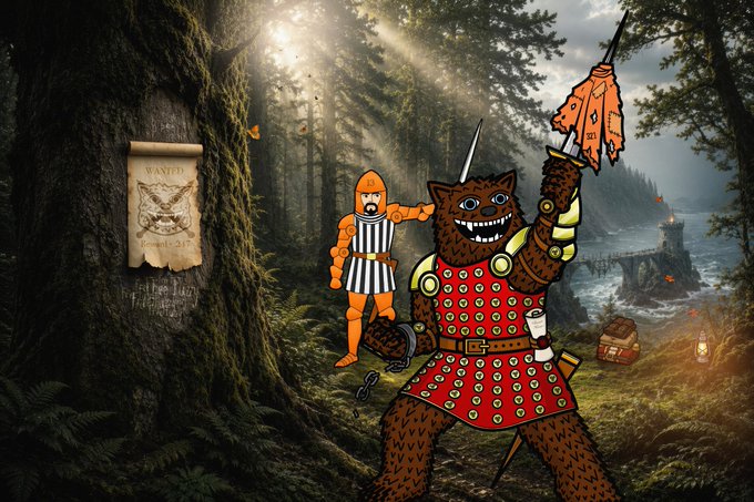 A cartoon bear in red studded armor raises a sword and an orange pennant alongside an orange knight in a misty forest, standing near a "WANTED" poster on a tree and a treasure chest by a seaside castle, illustrating the whimsical #FreeFuzzy campaign to reinstate the @fuzzy_xrp account.