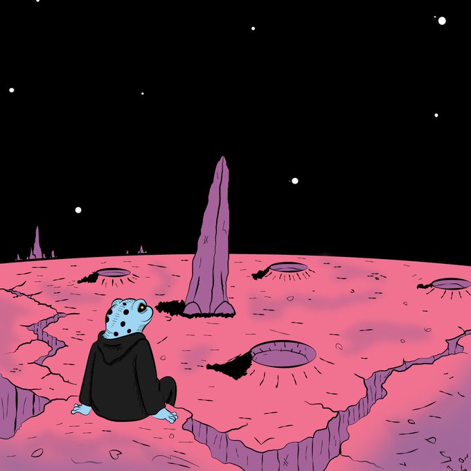 An illustration of a blue spotted frog-like character in a black hooded robe sitting on a pink alien planet surface, gazing at a tall purple rock spire under a starry black sky.