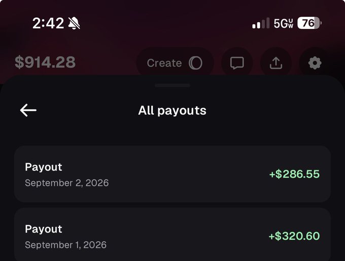 A mobile screenshot displaying an "All payouts" screen showing two recent payouts: +$286.55 on September 2, 2026, and +$320.60 on September 1, 2026, with a total balance of $914.28 visible at the top. The image illustrates the creator's recent earnings as referenced in their post about giving away half of their payouts to one lucky winner.