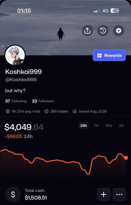 A mobile app screenshot showing a user profile 'Koshkoi999' with the display name 'but why?', displaying a portfolio value of $4,049.64 and total cash of $1,508.51.