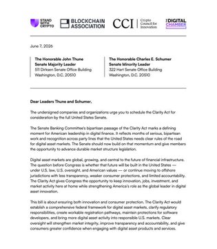 The image features a white piece of paper with black text, which appears to be an official letter addressed to the Senate. The letter is written in a formal tone and discusses the importance of the Senate voting on the CLARITY Act. It also mentions RippleCoin, a cryptocurrency exchange company that has signed the letter. The text includes details about RippleCoin's involvement in the crypto market and their support for the bill.