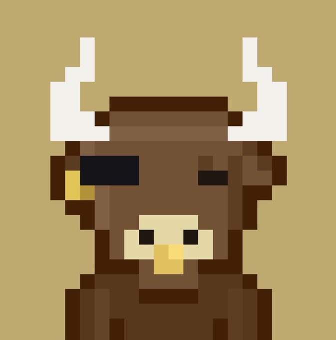 A pixel art character resembling a bull with an eye patch, white horns, and a brown body stands against a tan background, directly tying into the Bulltoshi NFT giveaway promotion.