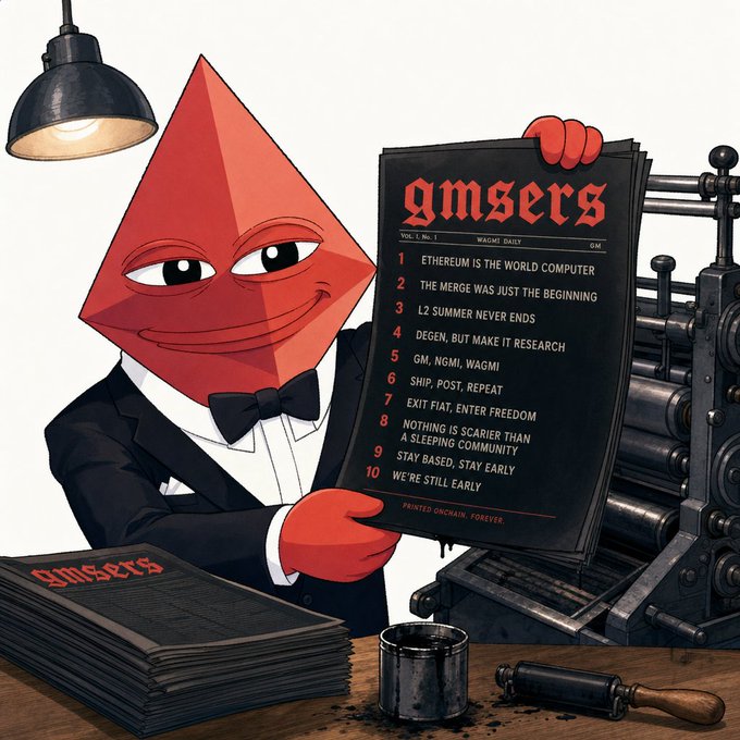 An anthropomorphic Ethereum diamond mascot in a tuxedo holds up a freshly-printed "gmsers" newspaper listing 10 items including "Ethereum is the world computer," "The merge was just the beginning," and "We're still early," alongside a printing press and ink roller. The image satirizes the project's recurring "gmsers" (gm + users) newsletter format, which aligns with the post's reference to clawd-daily publications and ethereum-focused research.