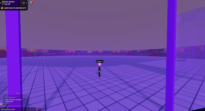 A screenshot of a 3D virtual environment or game lobby with purple lighting, a checkered floor, and a single user avatar standing in the center.