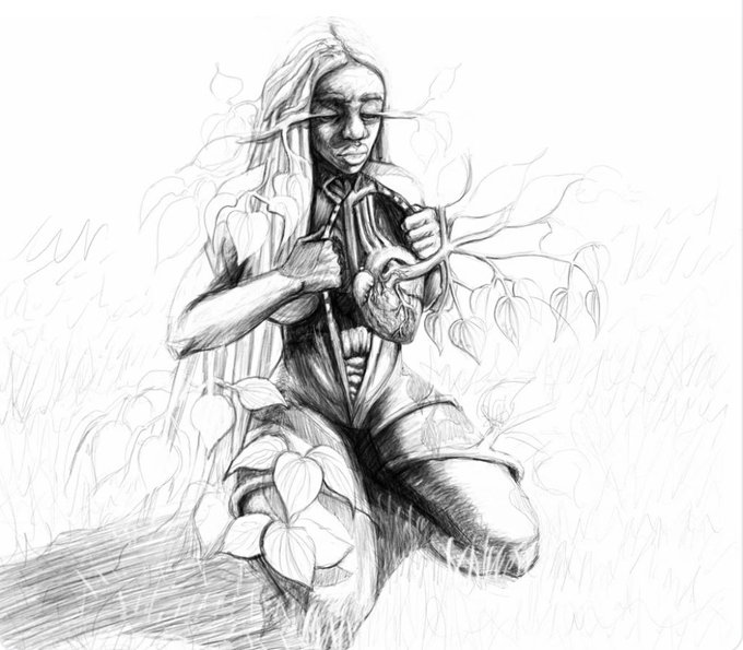 A black and white pencil sketch depicting an elderly, gaunt figure with long flowing hair kneeling among vines and large flowers, appearing to work with plant tendrils near their chest in a meditative pose.