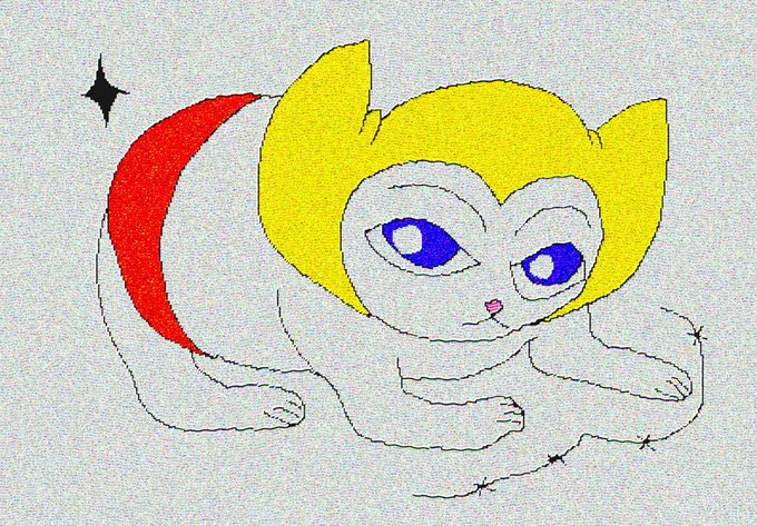 A hand-drawn sketch of a white cat-like creature with large blue eyes, yellow hair, and a red patch on its back, lying down with a small black star symbol nearby.