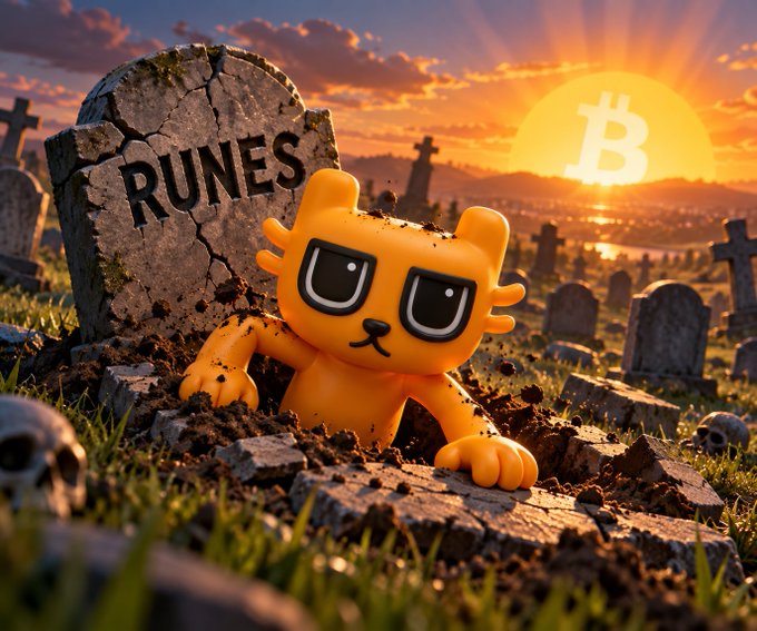 A whimsical 3D illustration showing a yellow cartoon character emerging from the dirt in a graveyard, with a tombstone labeled "RUNES" and a glowing Bitcoin symbol in the sunset sky.