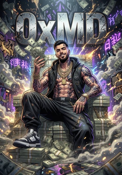 The image depicts a man sitting comfortably in stacks of money, wearing black pants, a white shirt, sneakers, and a gold necklace. He is holding up a dollar bill with one hand while his other hand is raised in the air as if he's about to celebrate or make an announcement related to cryptocurrency. The post includes text that reads "OXMD", which could be either the name of the artist or the title of the artwork, along with some information indicating it is available for a giveaway. A $50 gift card for three people is given away for a chance to win!