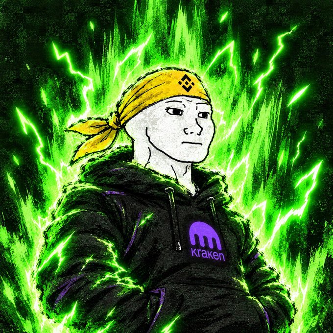 A stylized anime-style illustration of a character wearing a yellow Binance-branded bandana and a black hoodie with a purple 'Kraken' logo, surrounded by green energy/lightning effects.