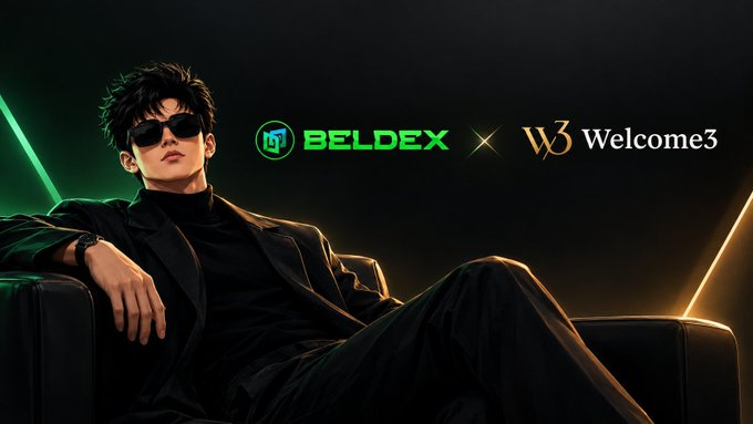A stylized promotional image featuring a young man in dark sunglasses and a black suit reclining on a couch, with 'BELDEX × W3 Welcome3' displayed as logos in the center against a dark background with green and orange neon accents.